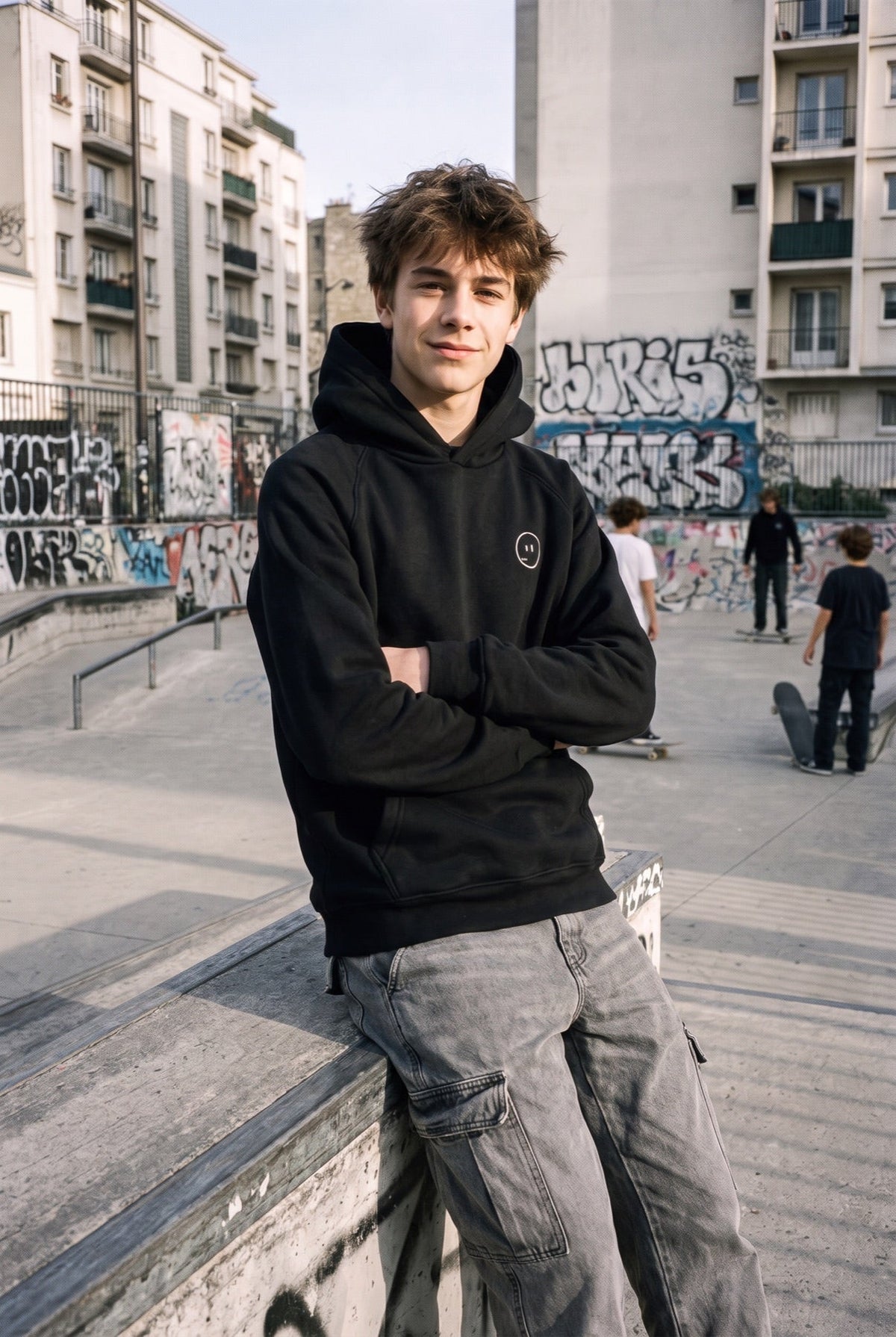 IIX black hoodie at a skatepark